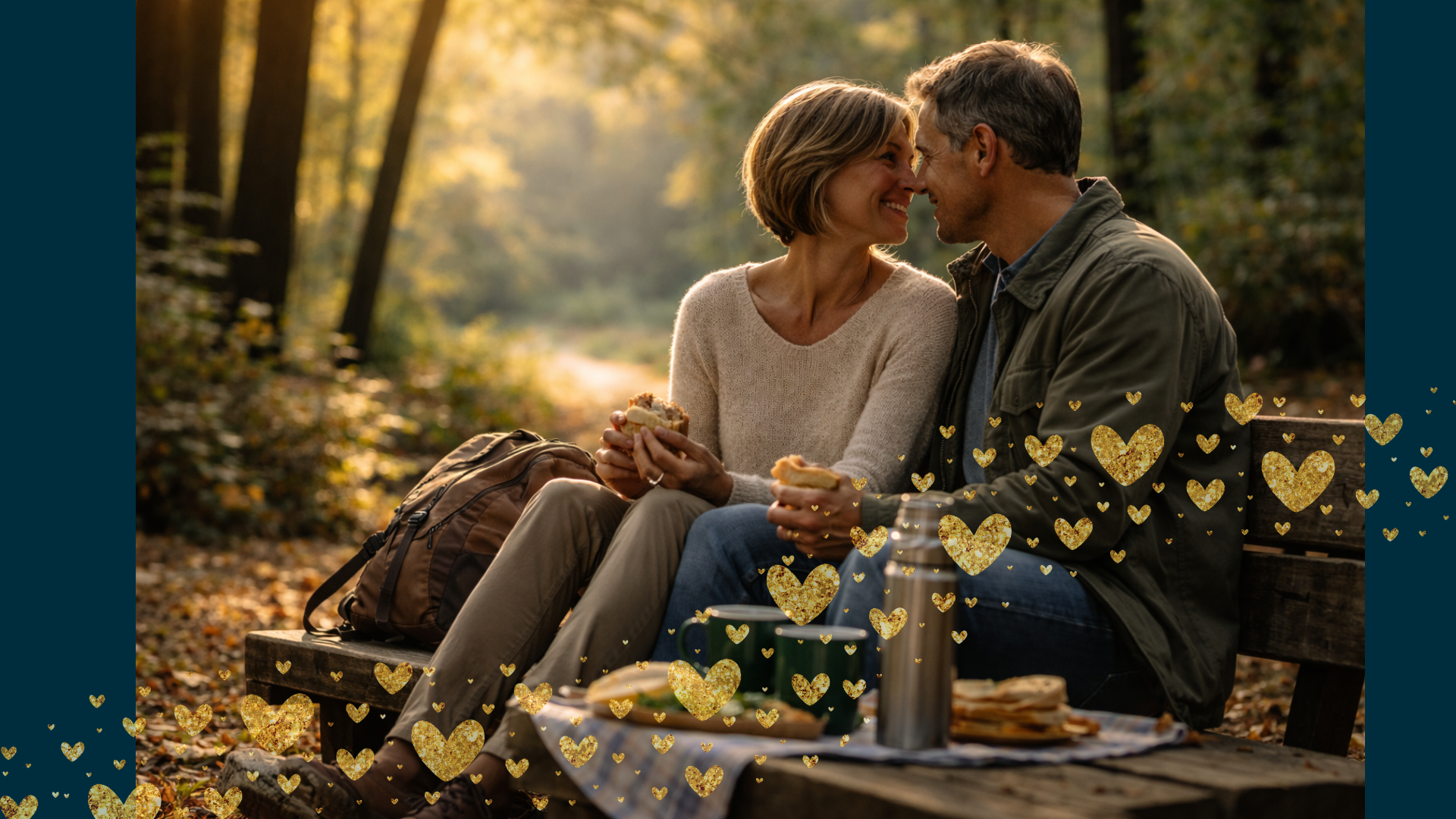 Boswandeling, bankje, verliefd, boterham