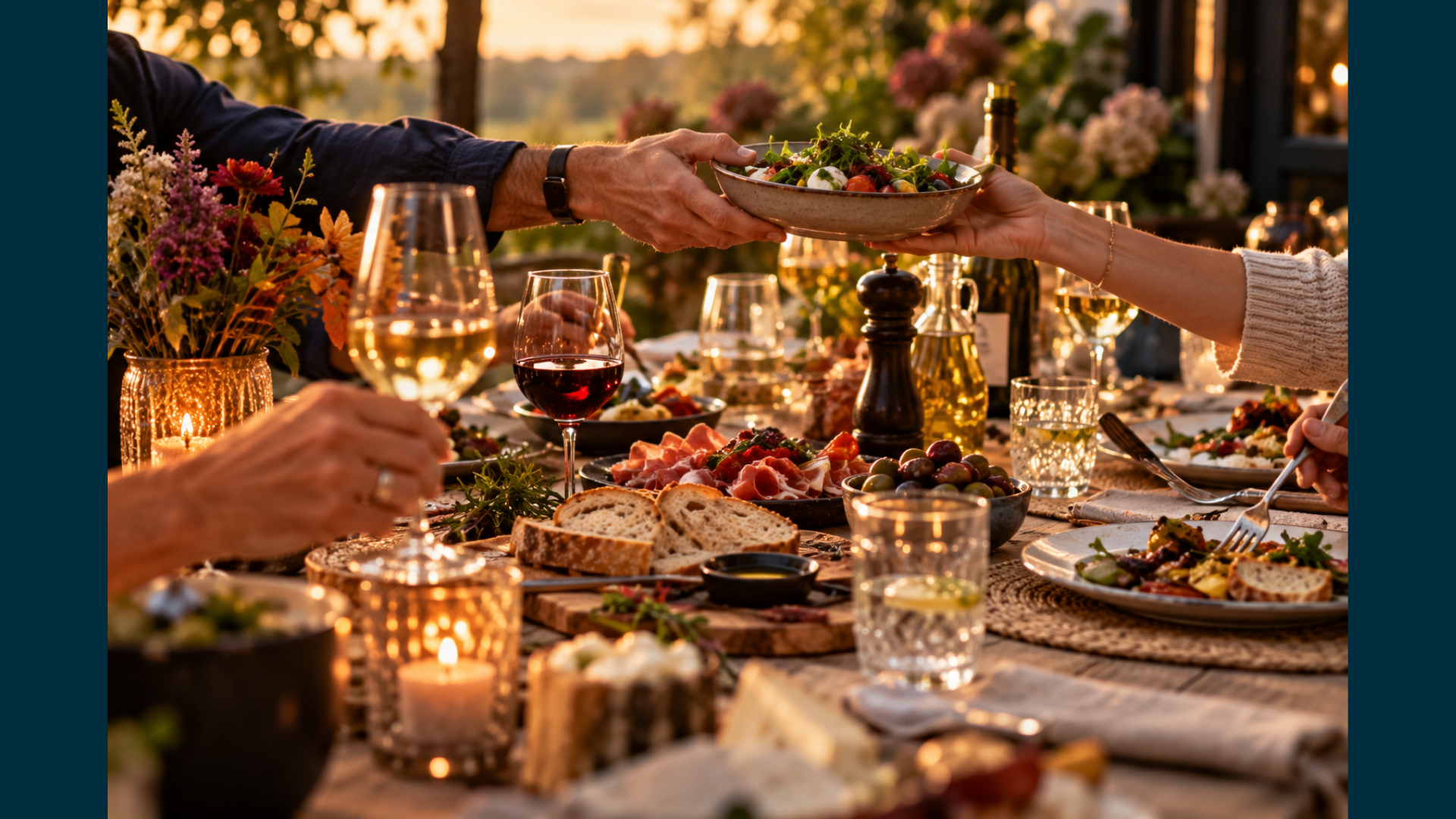Eten met vrienden, volle tafel, bourgondisch