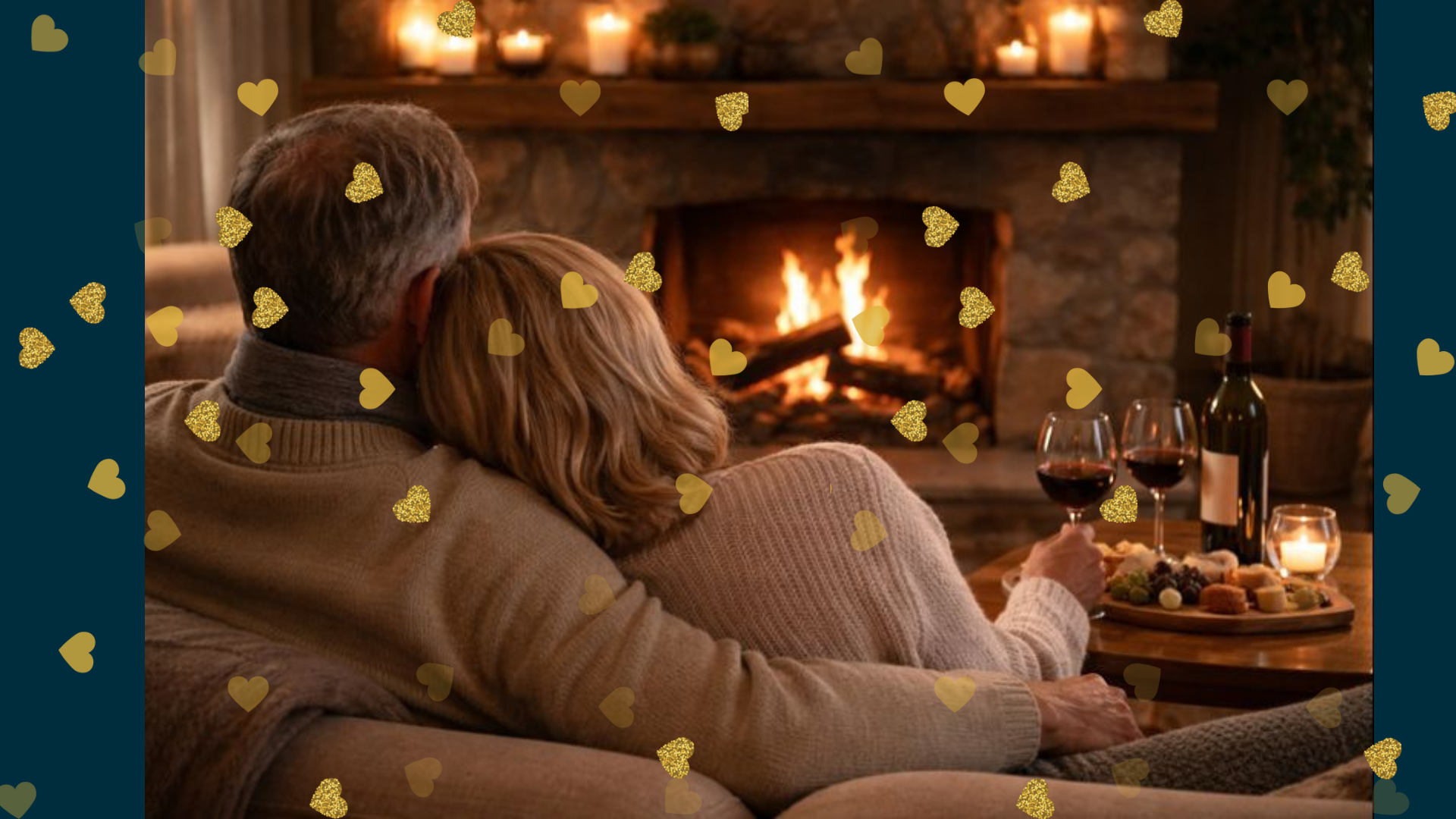 Genieten, haardvuur, wijn, kaarsen, samen
