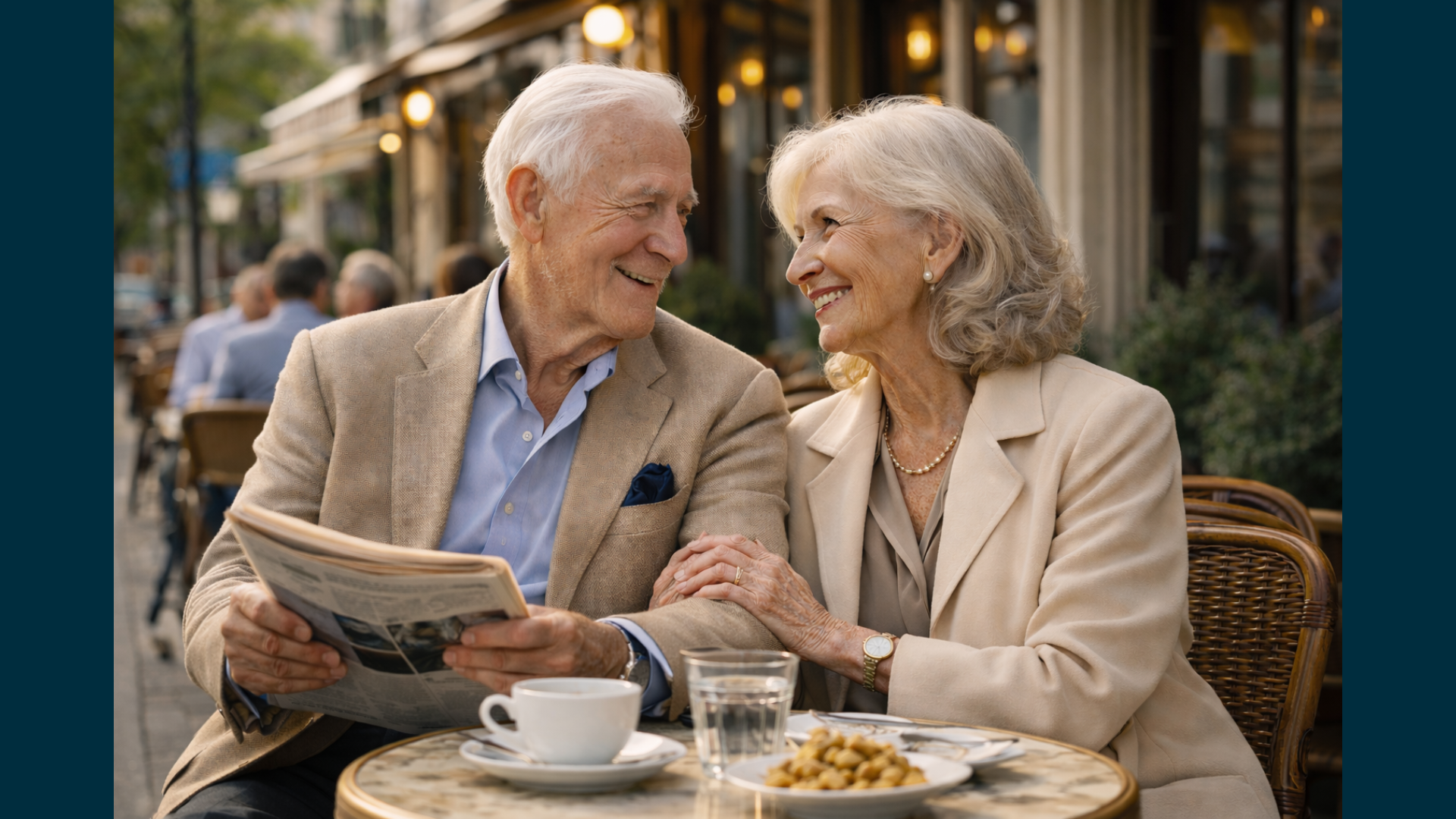 Genieten oude dag, terrasje, koffie, krantje
