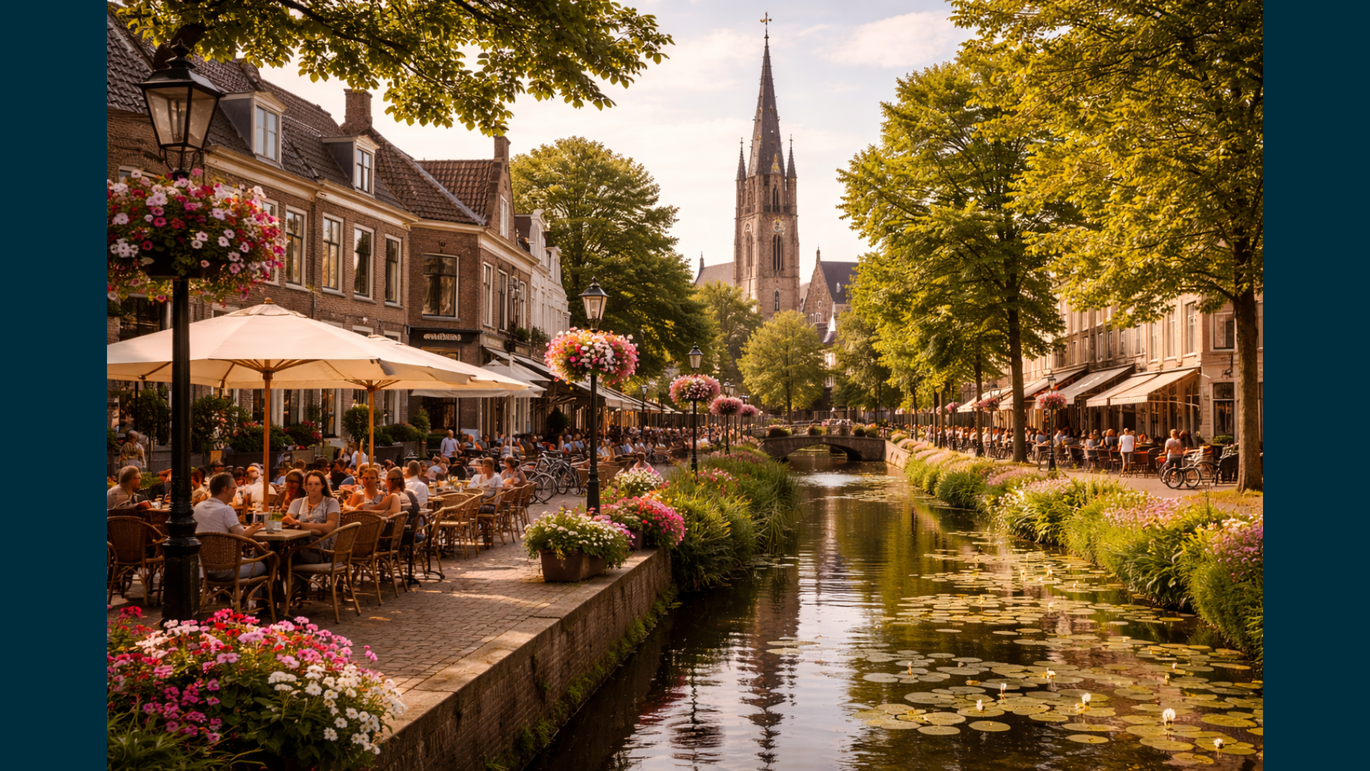 Genieten, terras, water, kerk, zonsondergang