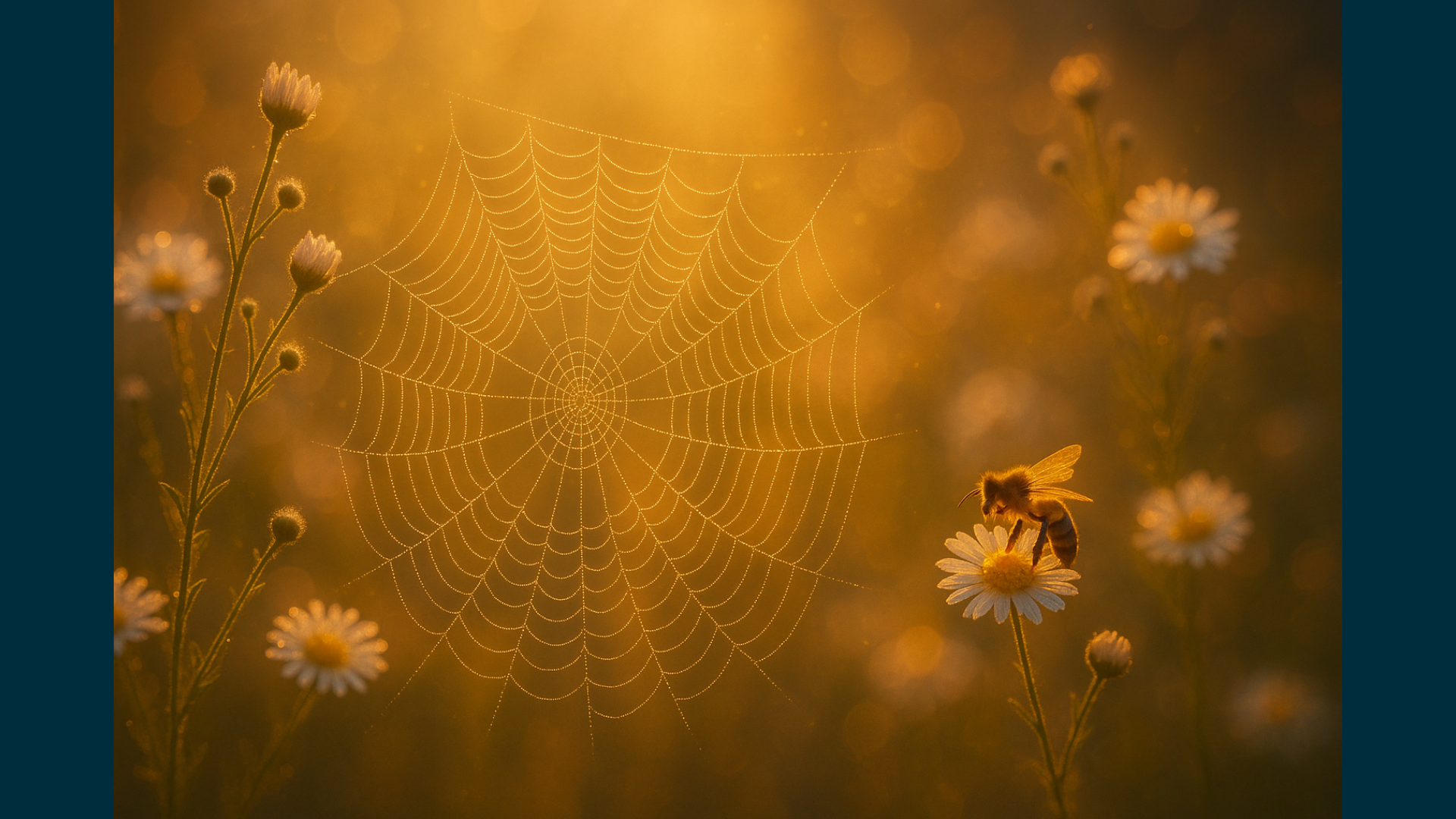 Romantische sfeer, spinnenweb, bijtje, genieten kleine dingen