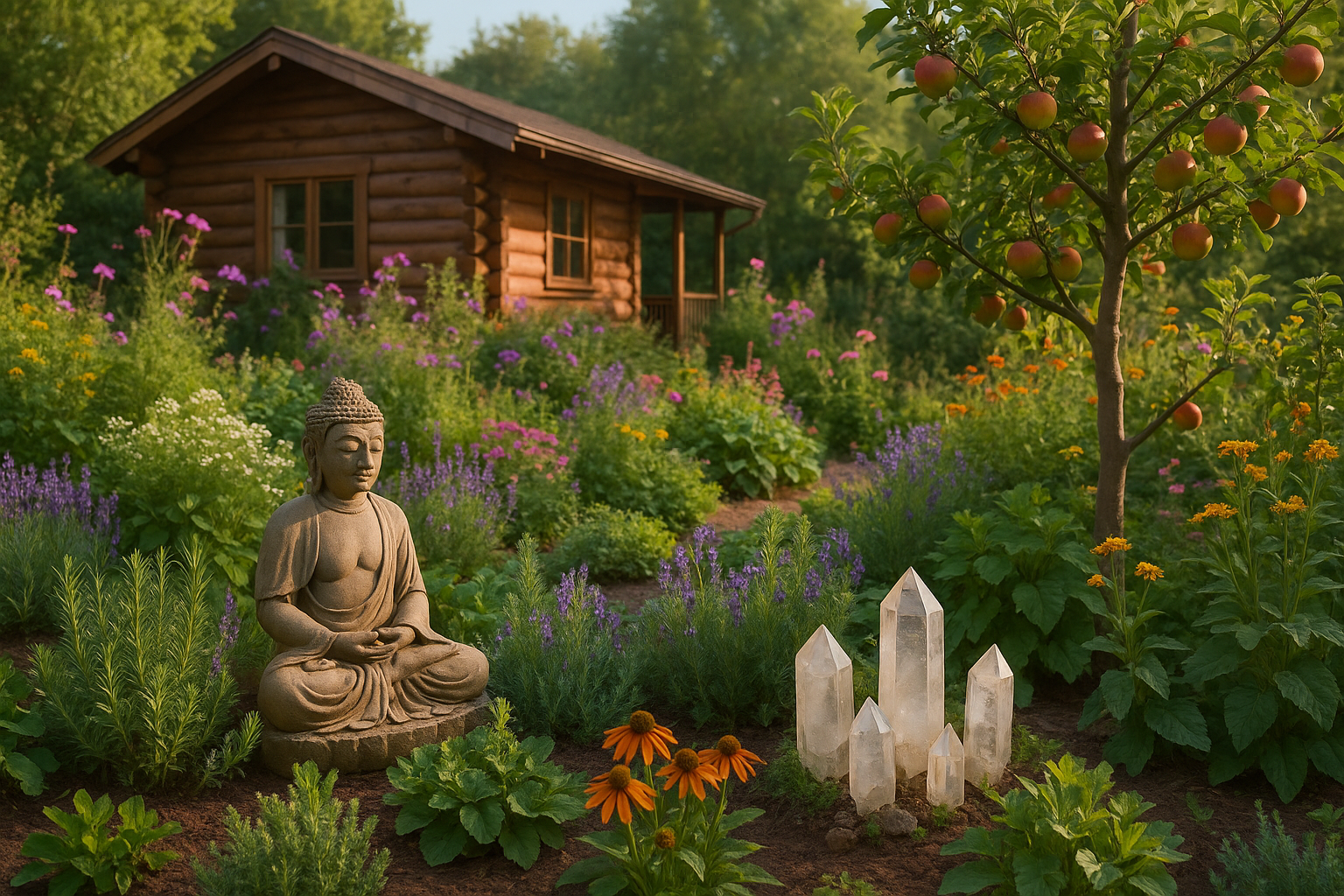 Tuin, spiritueel, fruitbomen, bloemen, edelstenen