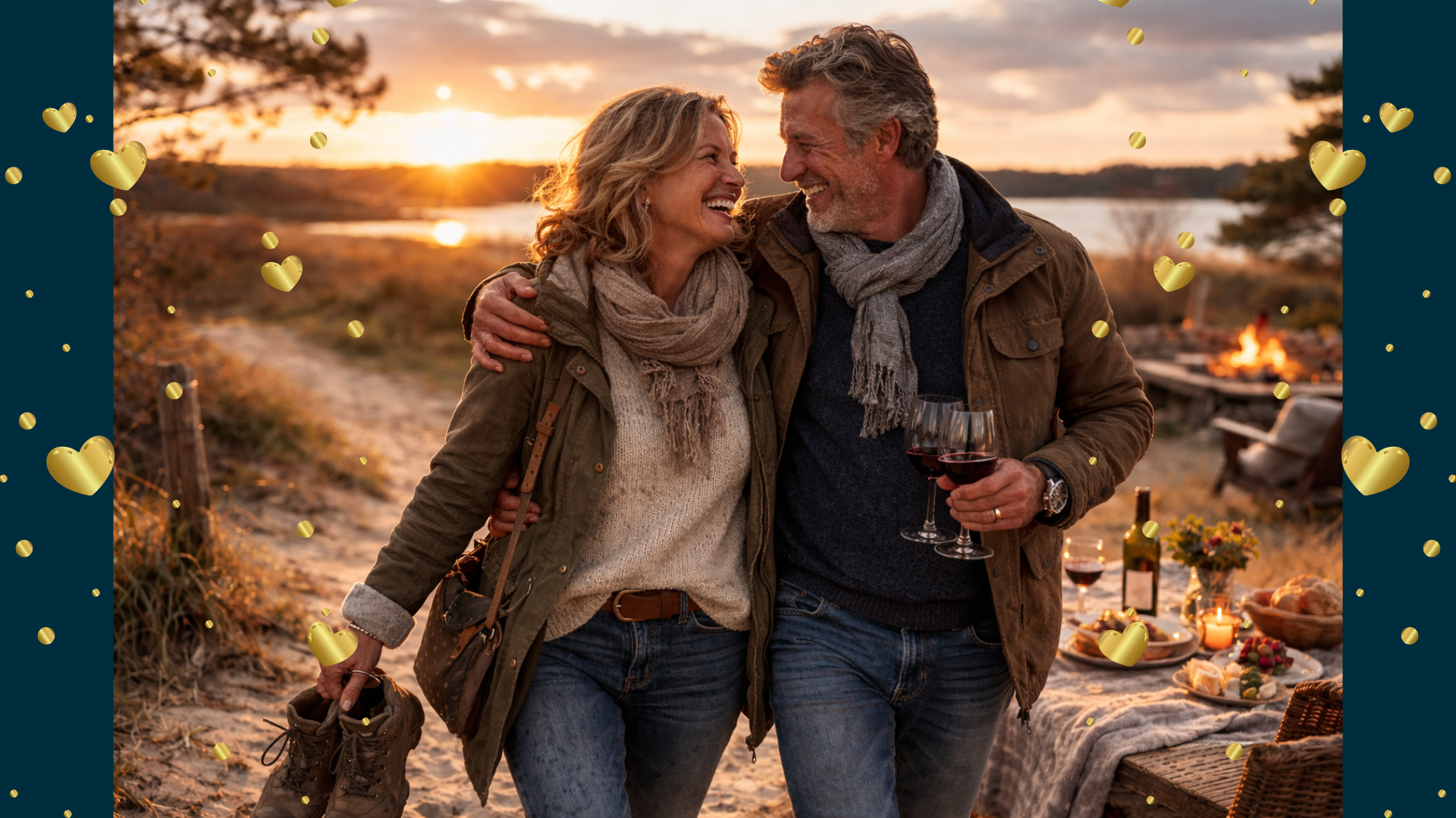 Verliefd, buiten, wandelen, vuur, wijn, gezellig